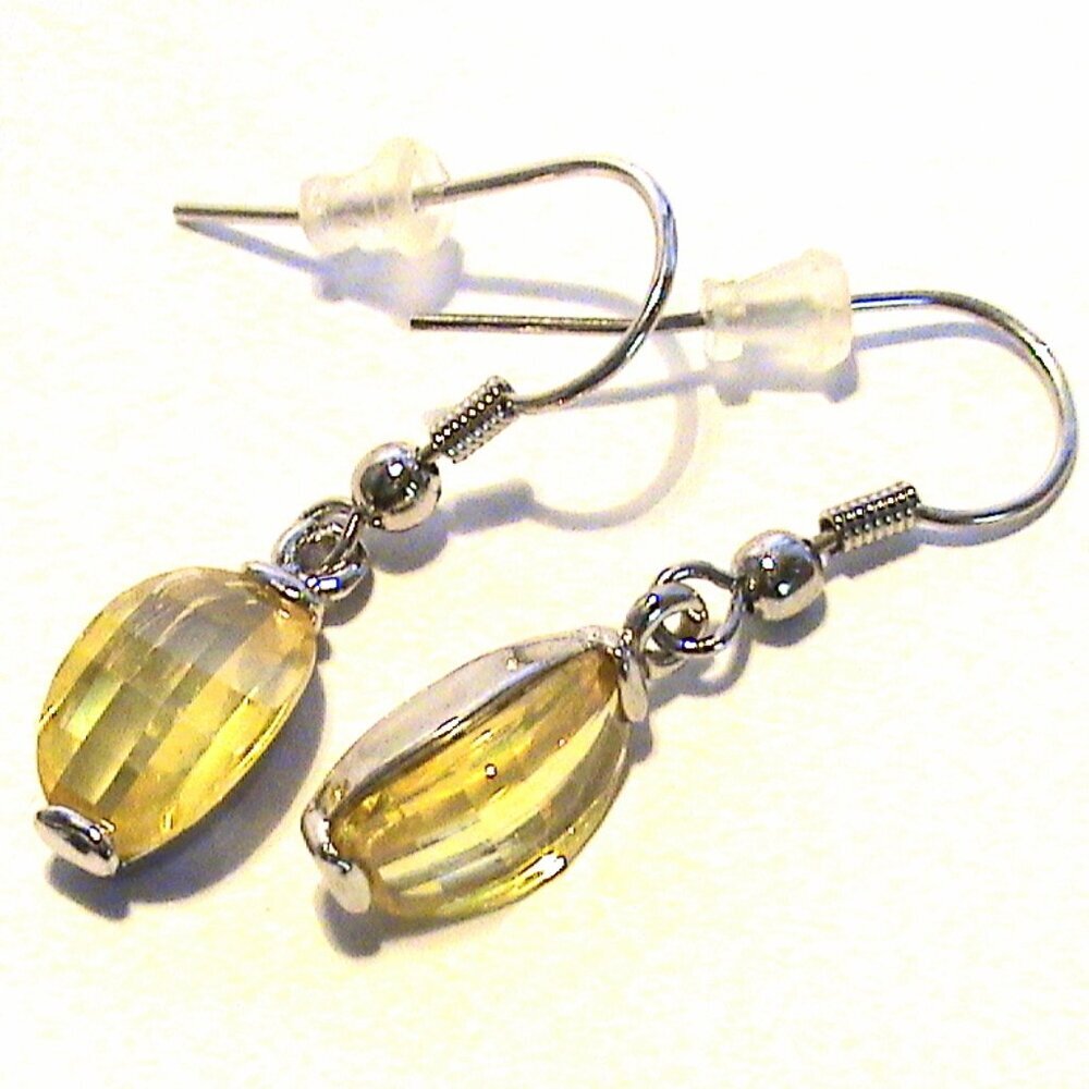 1 1/4" Yellow Faceted Cubic Zirconia Drop Silver Fish Hook Style Earrings